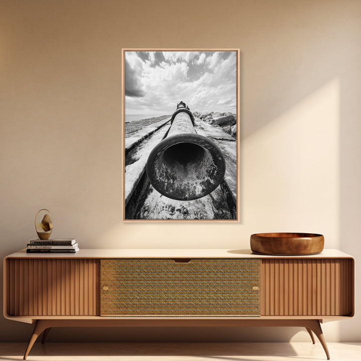 Abandoned Pipe, Coastal Decay, Industrial Remains, Framed Canvas Print, Urban Exploration Art, Gritty Minimalist Decor