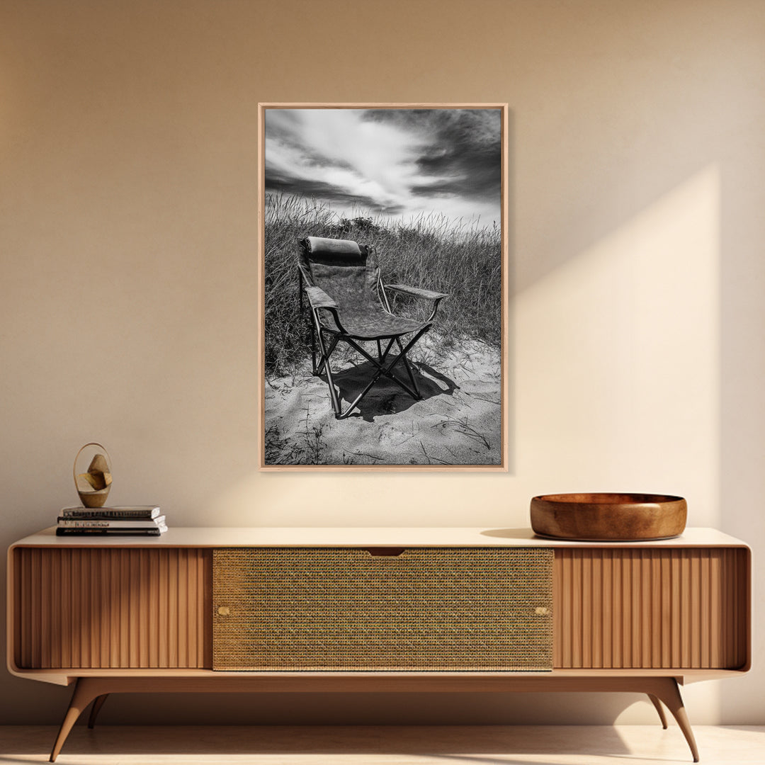 Deserted beach chair, quiet coast vibes, windswept scene, peaceful solitude, Canvas Print, hallway decor, rustic retreat outdoor artwork