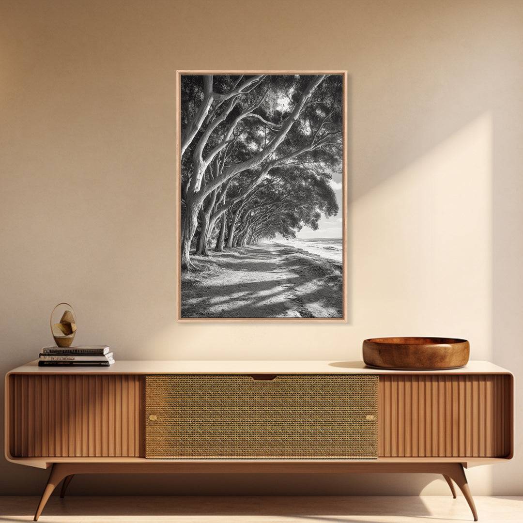 Coastal Tree Path, Nature Shadows, Ocean Breeze, Autumn Light, Framed Canvas Print, Living Room Wall Art, Moody Landscape Photography