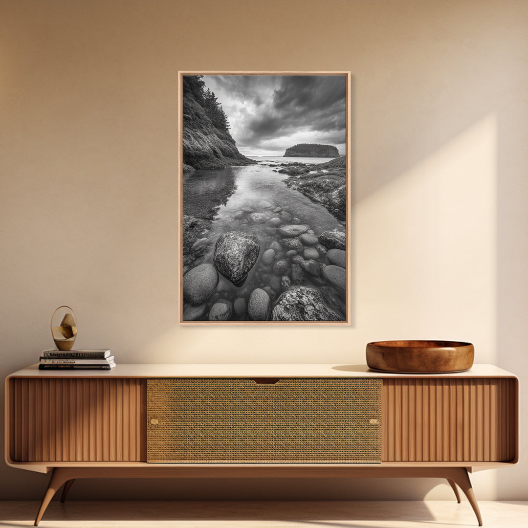 Rocky Shoreline Calm, Pebble Tidepool, Ocean Cliffs, Nature Escape, Canvas Print, Bathroom Wall Art, Black and White Coastal Art
