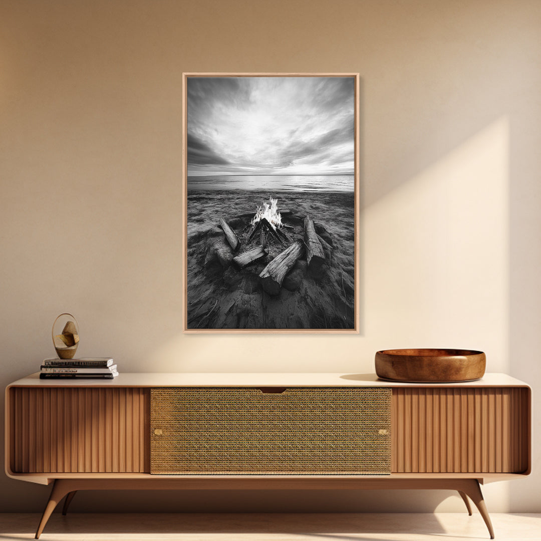 Coastal campfire glow, serene seaside bonfire, sunset flames, sandy warmth, Framed Canvas Print, Fall decor, cozy cabin wall art