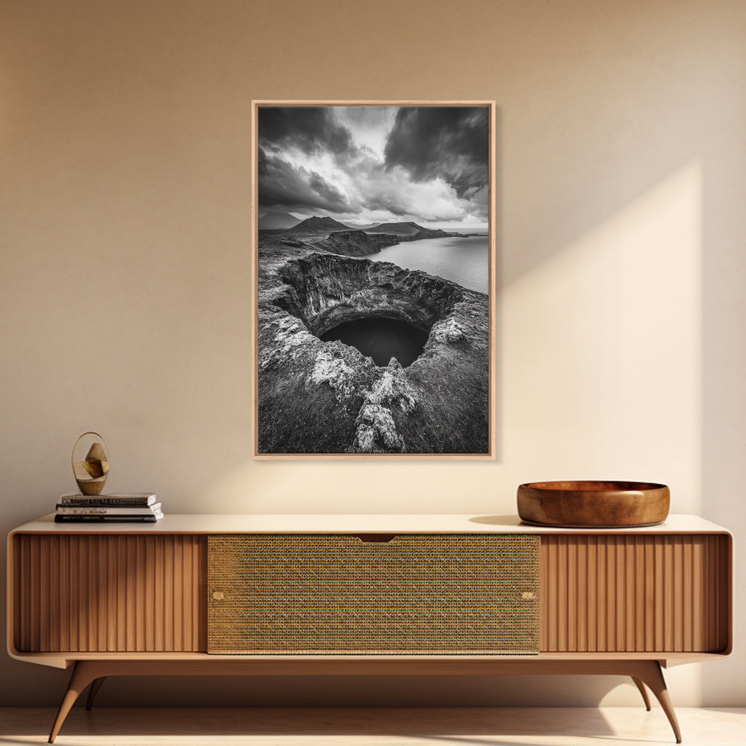 Crater Overlook Coast, Stormy Sky Mountains, Ocean Cliffs, Rugged Wilderness, Canvas Print, Den Wall Art, Moody Black and White Art
