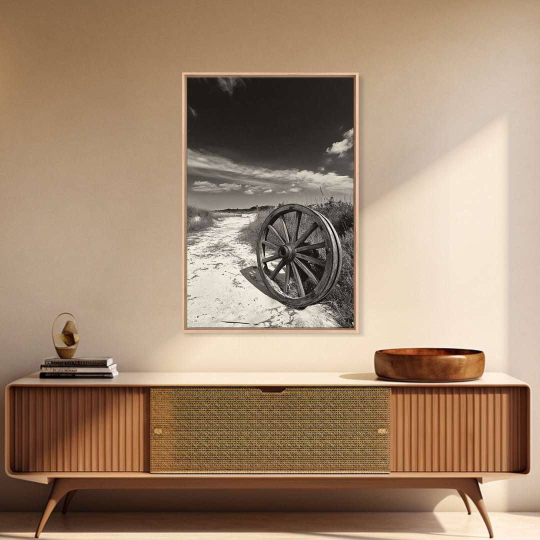 Desert Path, Wagon Wheel, Western Minimalism, Canvas Print, Boho Wall Decor, Neutral Tones, Entryway Art, Rustic Country Style