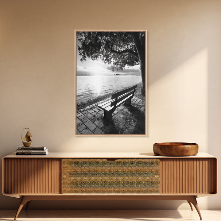 Peaceful Lake Bench, Tranquil Sunrise, Tree Shade View, Nature Serenity, Framed Canvas Print, Minimalist Art, Bedroom Wall Decor