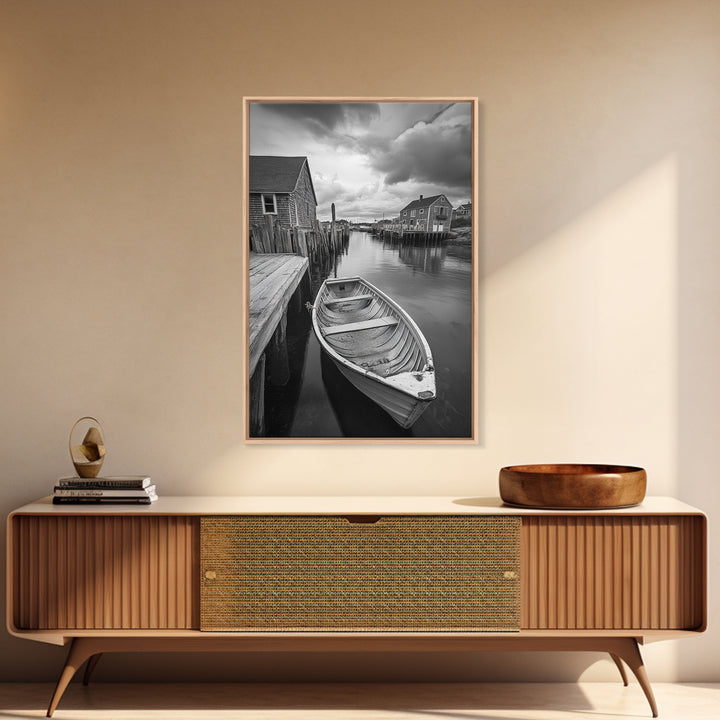 Docked Rowboat Scene, Calm Harbor, Coastal Village, Still Waters, Framed Canvas Print, Seaside Art, Beach House Wall Decor