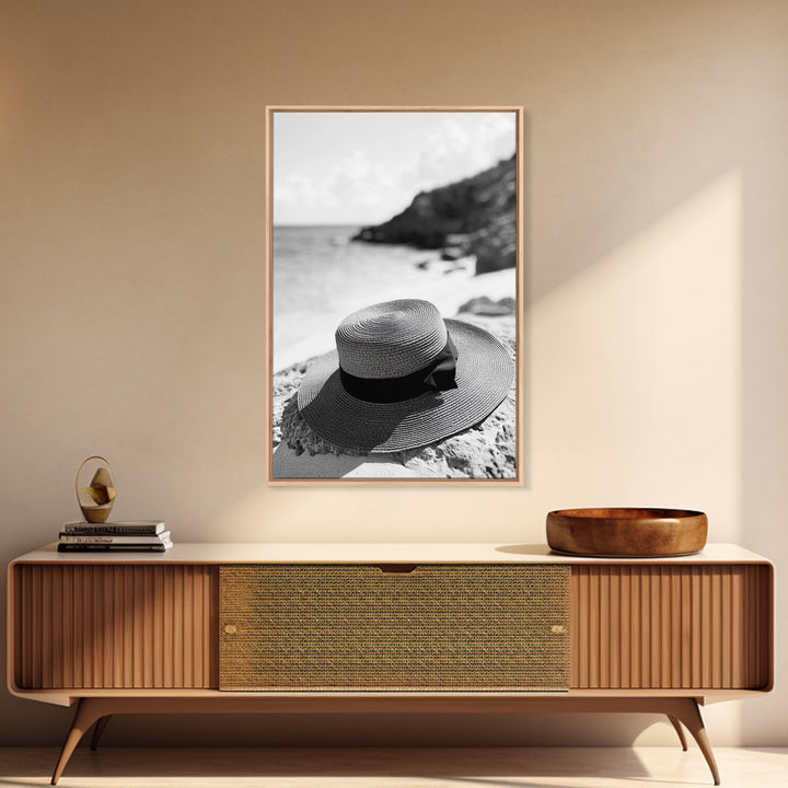 Beach Hat Closeup, Seaside Fashion, Coastal Breeze, Relaxed Mood, Framed Canvas Print, Minimalist Beach Art, Summer Home Decor