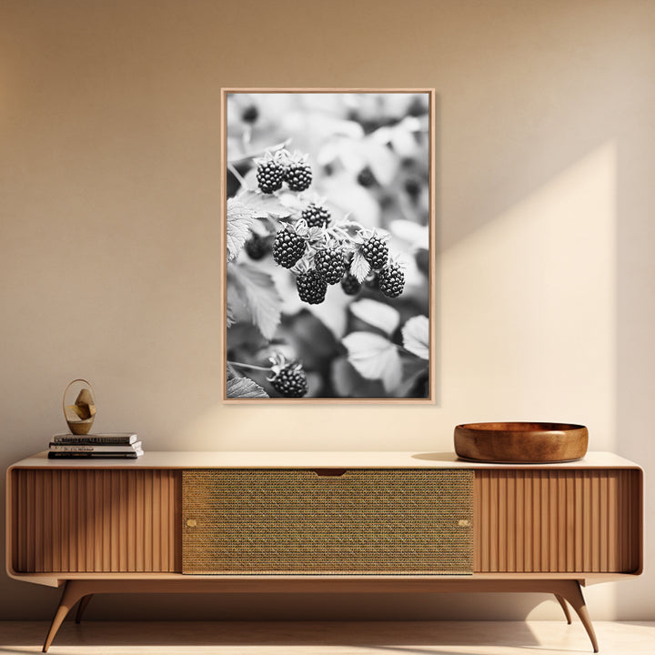 Blackberries in Bloom, Ripe Fruit Closeup, Garden Harvest, Natural Beauty, Framed Canvas Print, Farmhouse Kitchen Art, Fall Decor