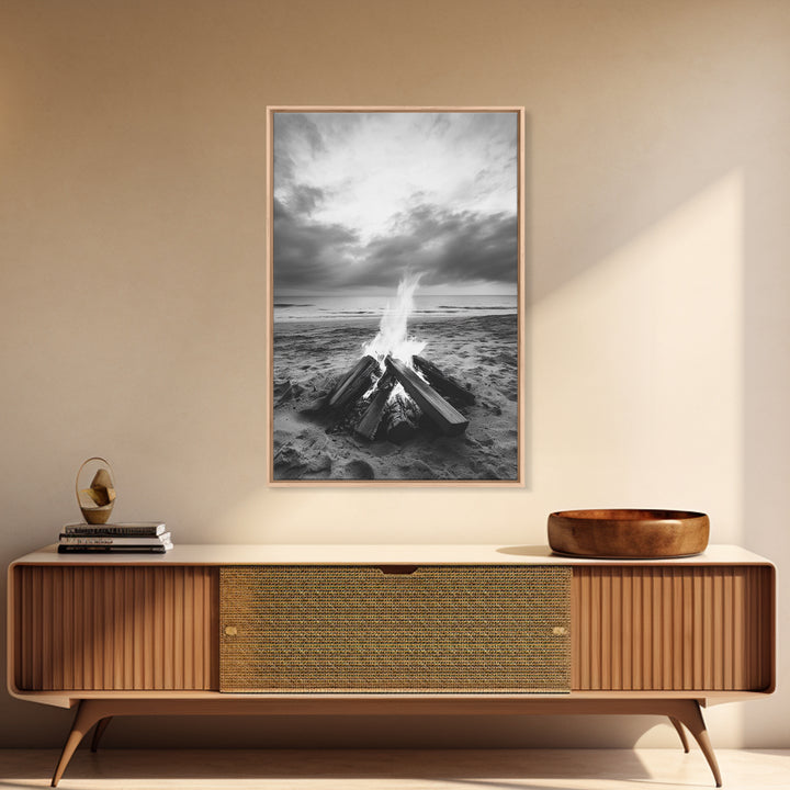 Beach bonfire moment, soft flame serenity, ocean dusk, coastal camp vibes, Framed Canvas Print, Fall decor, hygge inspired wall decor