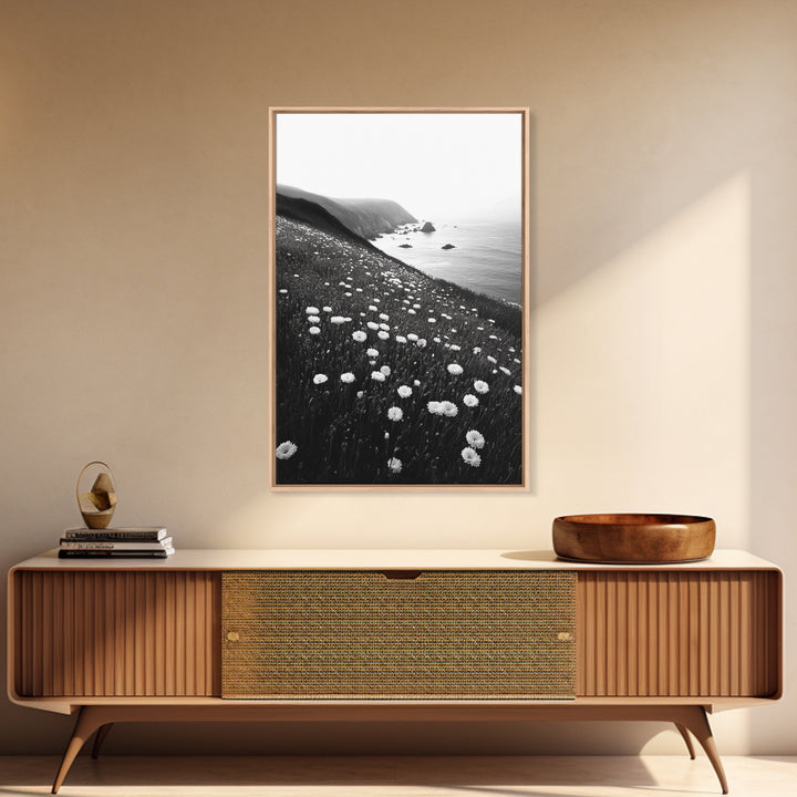 Daisy Cliffside Bloom, Coastal Flowers, Peaceful Nature Scene, Framed Canvas Print, Bedroom Wall Art, Botanical Decor, Minimalist Style