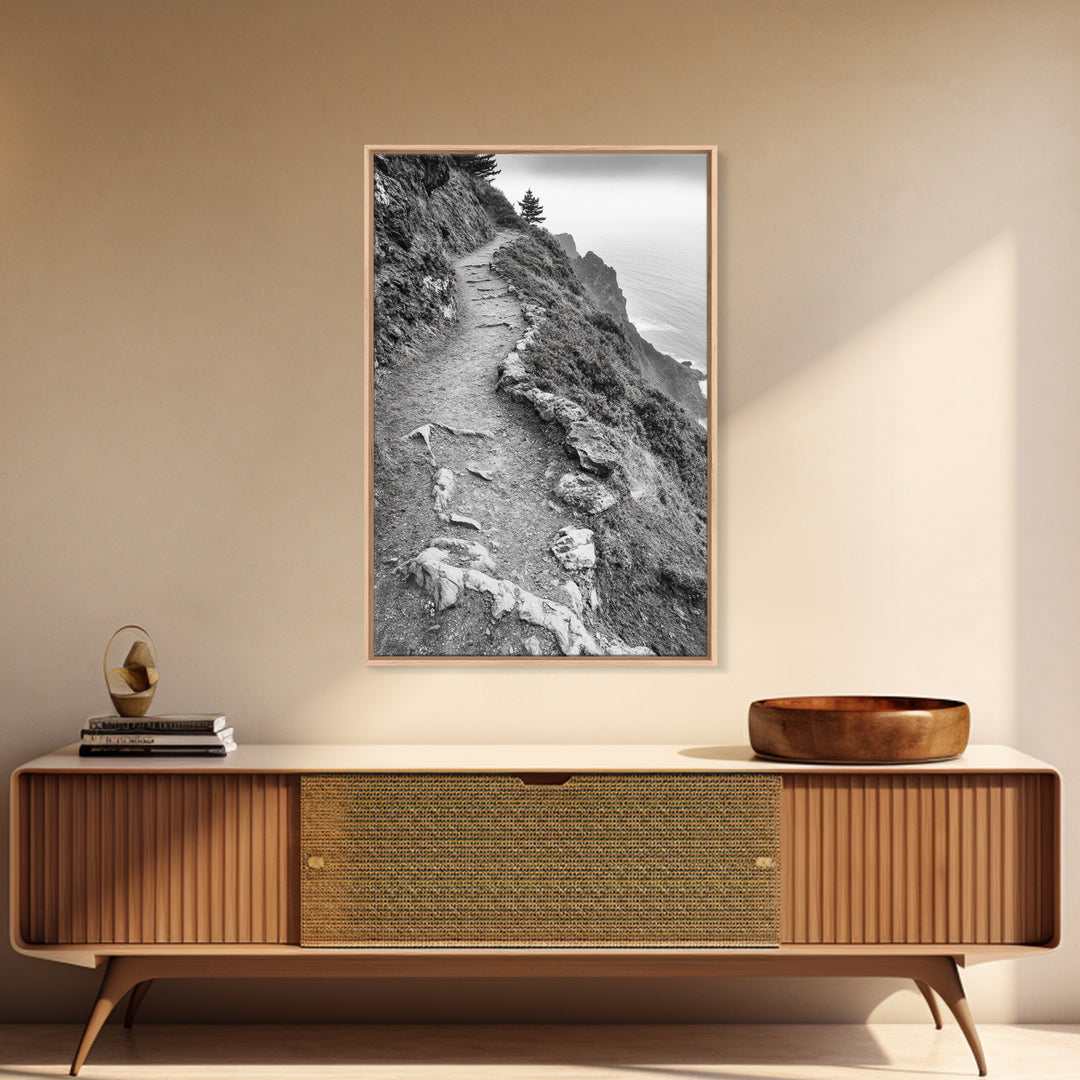 Rocky Cliff Trail, Coastal Hiking, Rugged Landscape, Nature Adventure Art, Framed Canvas Print, Cabin Wall Decor, Black and White Aesthetic