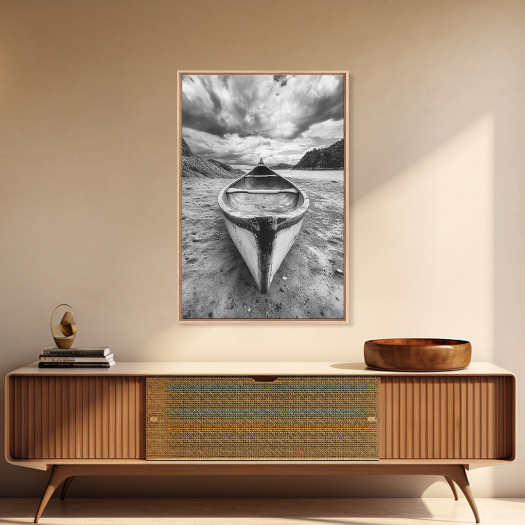 Canoe, Shoreline, Dramatic, Sky - canoe landscape Canvas Print, rustic wall art, entryway decor, nature photography, monochrome mountain