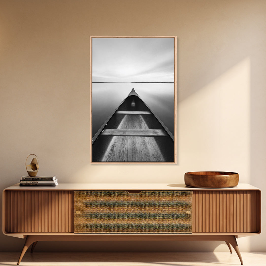 Canoe, Lake, Calm, Horizon - Minimalist lake paddle scene, Framed Canvas Print, peaceful home office art, Scandinavian decor, wilderness print
