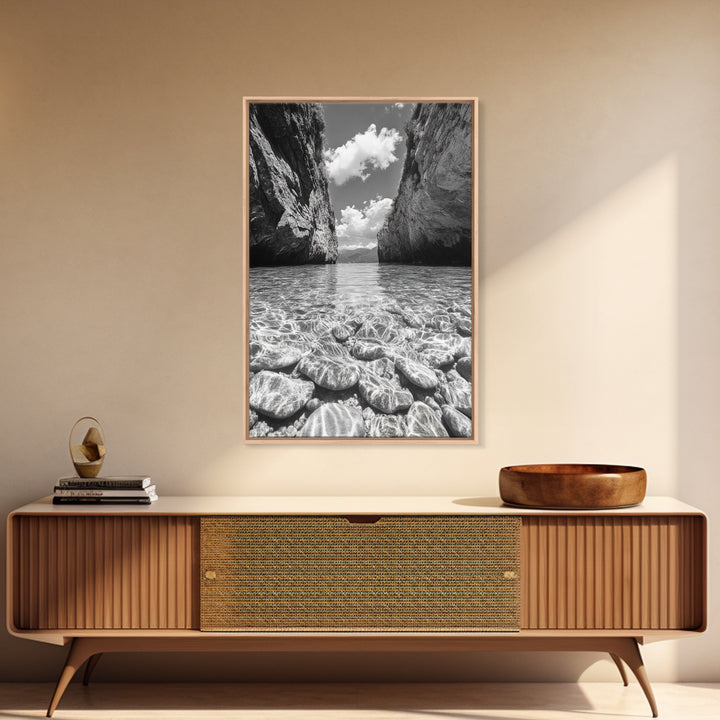 Clear Waterscape, Rocky Shoreline, Tropical Escape, Nature Photography, Framed Canvas Print, Beach House Coastal Wall Art