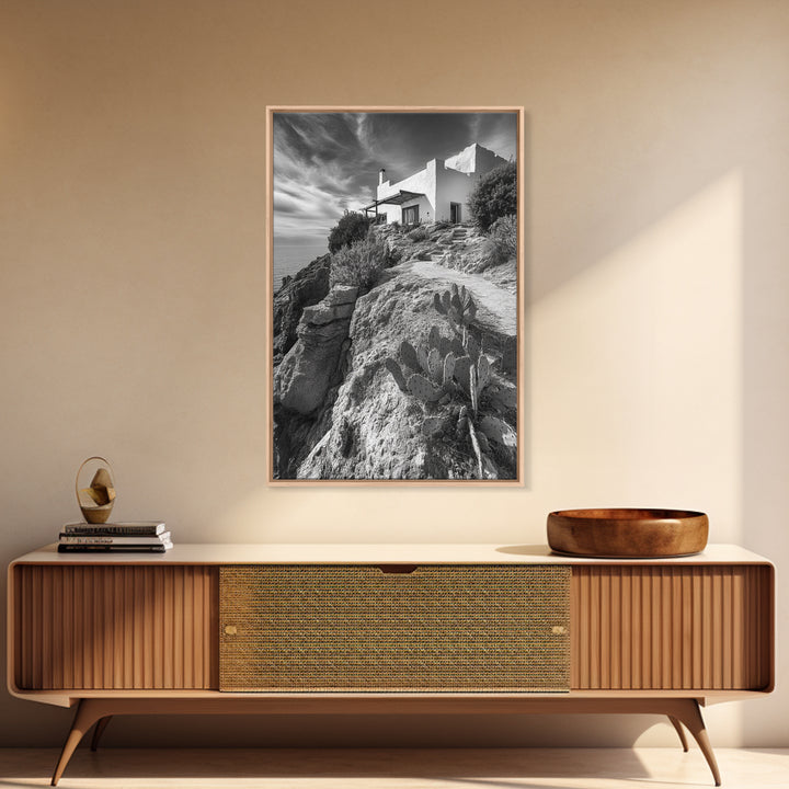 Cliffside Villa, Mediterranean Home, Desert Garden, Rustic Landscape Print, Framed Canvas Print, Modern Boho Living Room Art