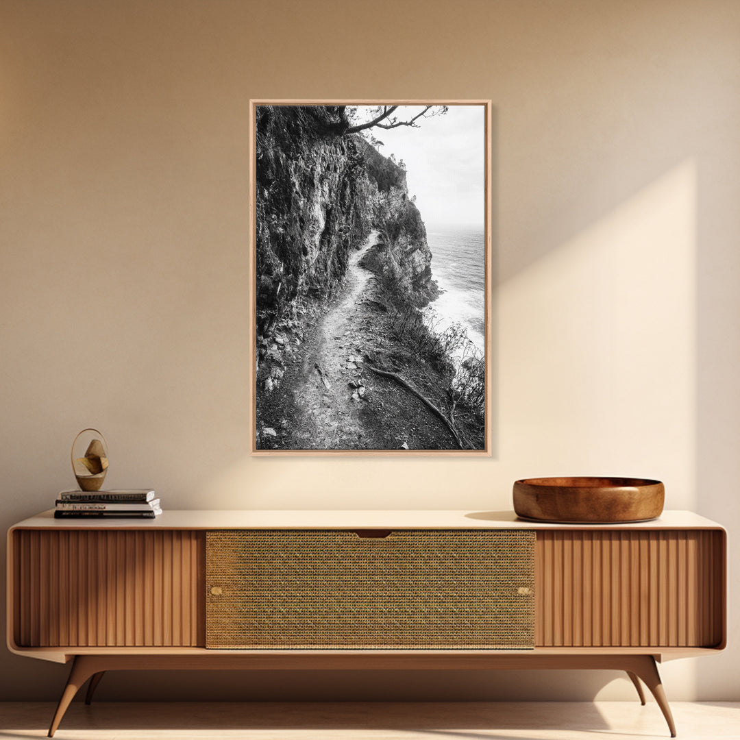 Cliffside Trail, Seaside Path, Coastal Adventure, Outdoor Photography, Framed Canvas Print, Cabin Nature Lover Wall Art, Bedroom Wall Art