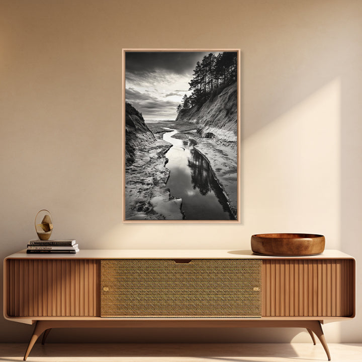 River Canyon, Dramatic Sky, Nature Pathway, Canvas Print, Adventure Wall Art, Cabin Decor, Black White Landscape Photography