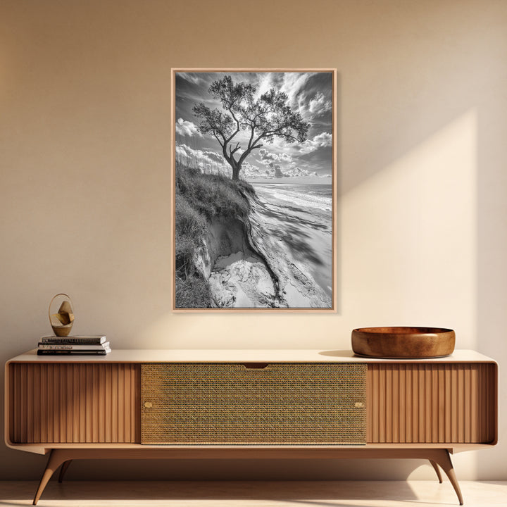 Coastal Tree Scene, Wind Swept Dune, Ocean Beach Horizon, Autumn Coastal Wall Art, Framed Canvas Print, Nature Lover Home Decor