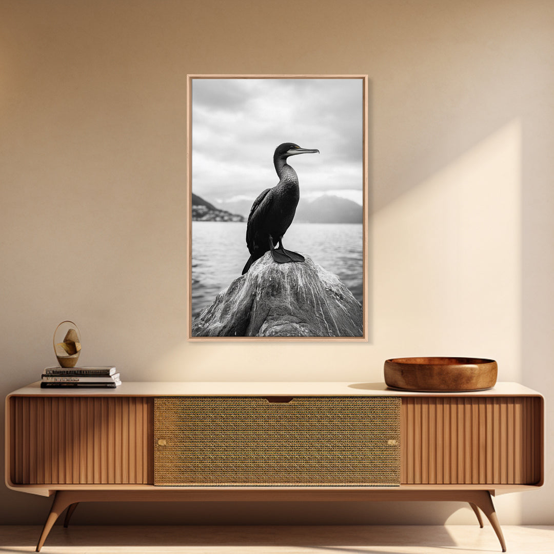 Coastal Bird Portrait, Nature Minimalism, Lake Decor, Monochrome Wildlife, Framed Canvas Print, Bedroom Wall Art, Bird Photography Print