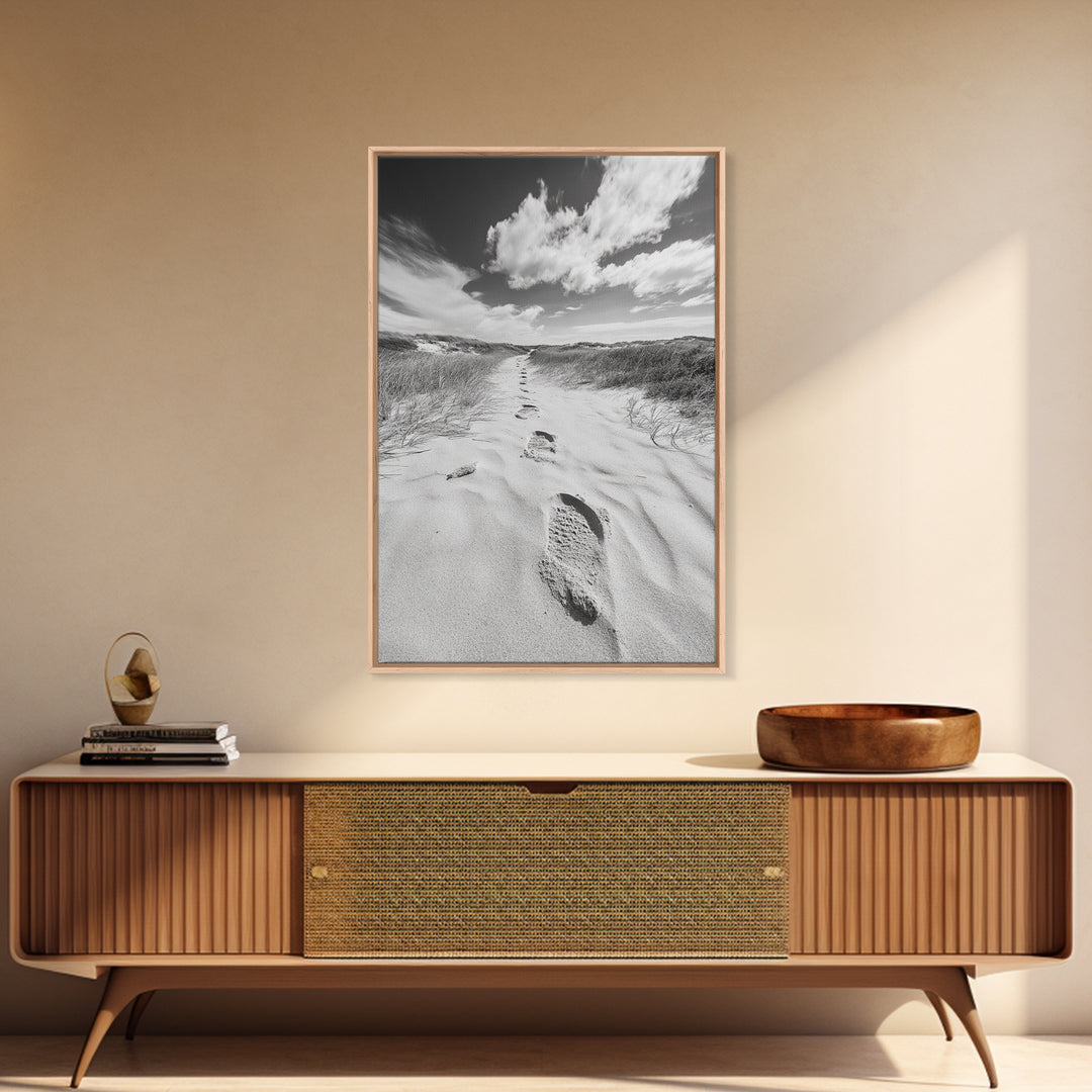 Desert Footprints Path, Dune Art, Wanderlust Vibes, Monochrome Landscape, Framed Canvas Print, Bedroom Wall Decor, Minimalist Travel