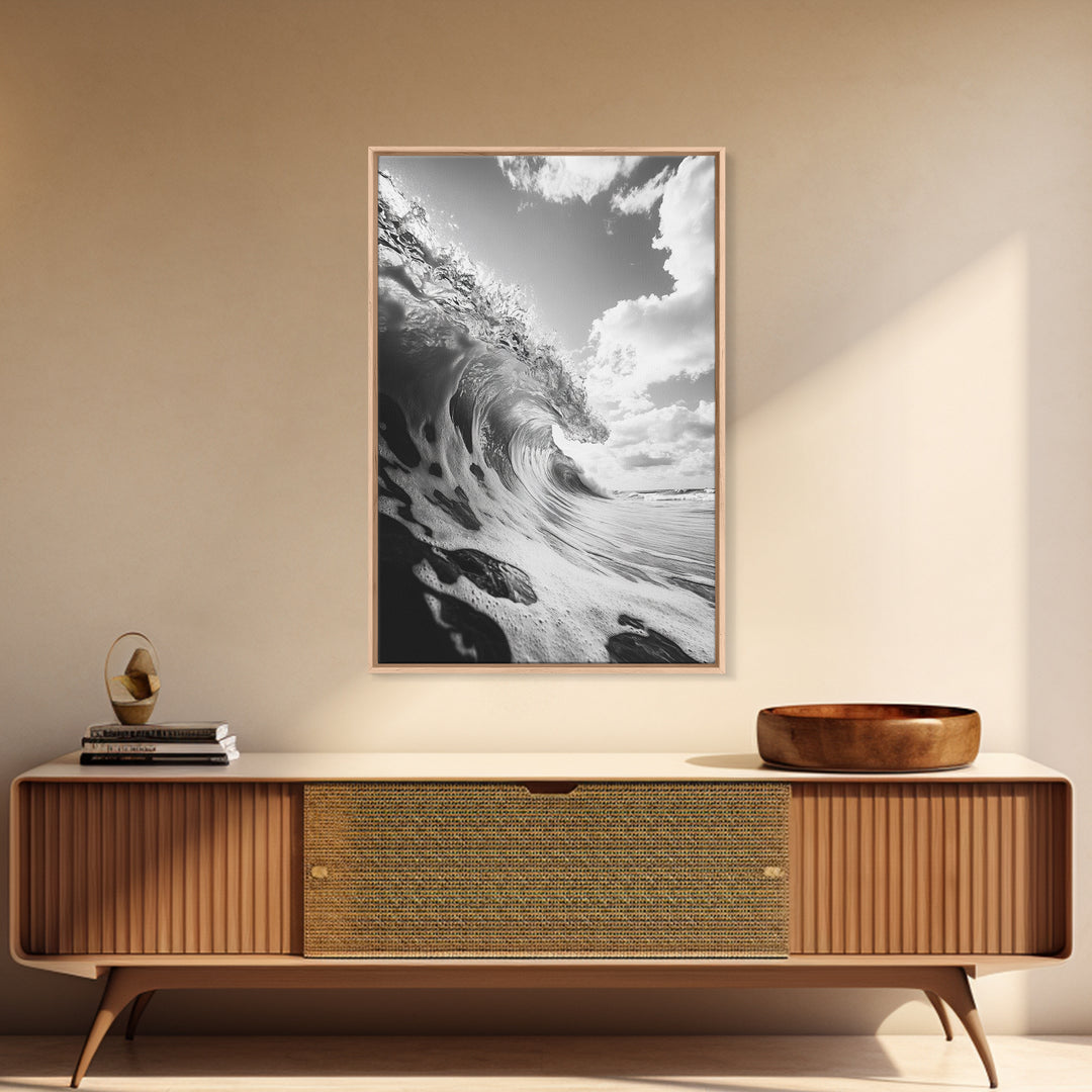 Crashing Ocean Wave, Surf Motion Art, Coastal Energy Print, Seascape Minimalism, Framed Canvas Print, Bathroom Wall Decor, Modern Beach Art