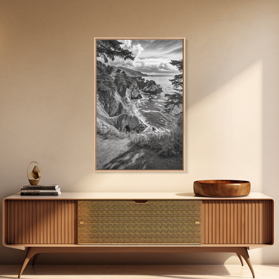 Coastal Cliff, Ocean View, Rocky Shoreline, Framed Canvas Print, Black and White Art, Coastal Living Wall Decor, Nature Landscape Art