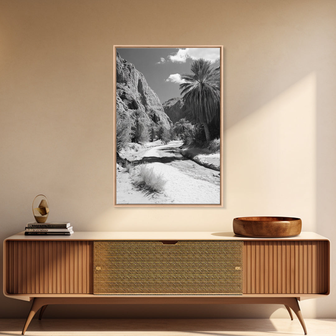 Desert Oasis, Palm Trees, Canyon Trail, Framed Canvas Print, Nature Photography Art, Warm Boho Wall Decor, Rustic Entryway Accent