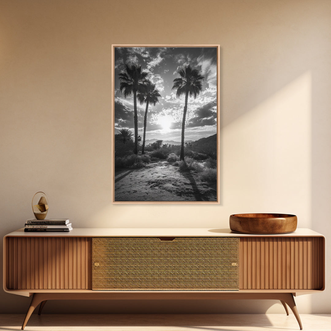 Palm Sunset, Desert Light, Silhouetted Trees, Framed Canvas Print, Tropical Boho Wall Art, Sunset Living Room Decor, Moody Nature Style