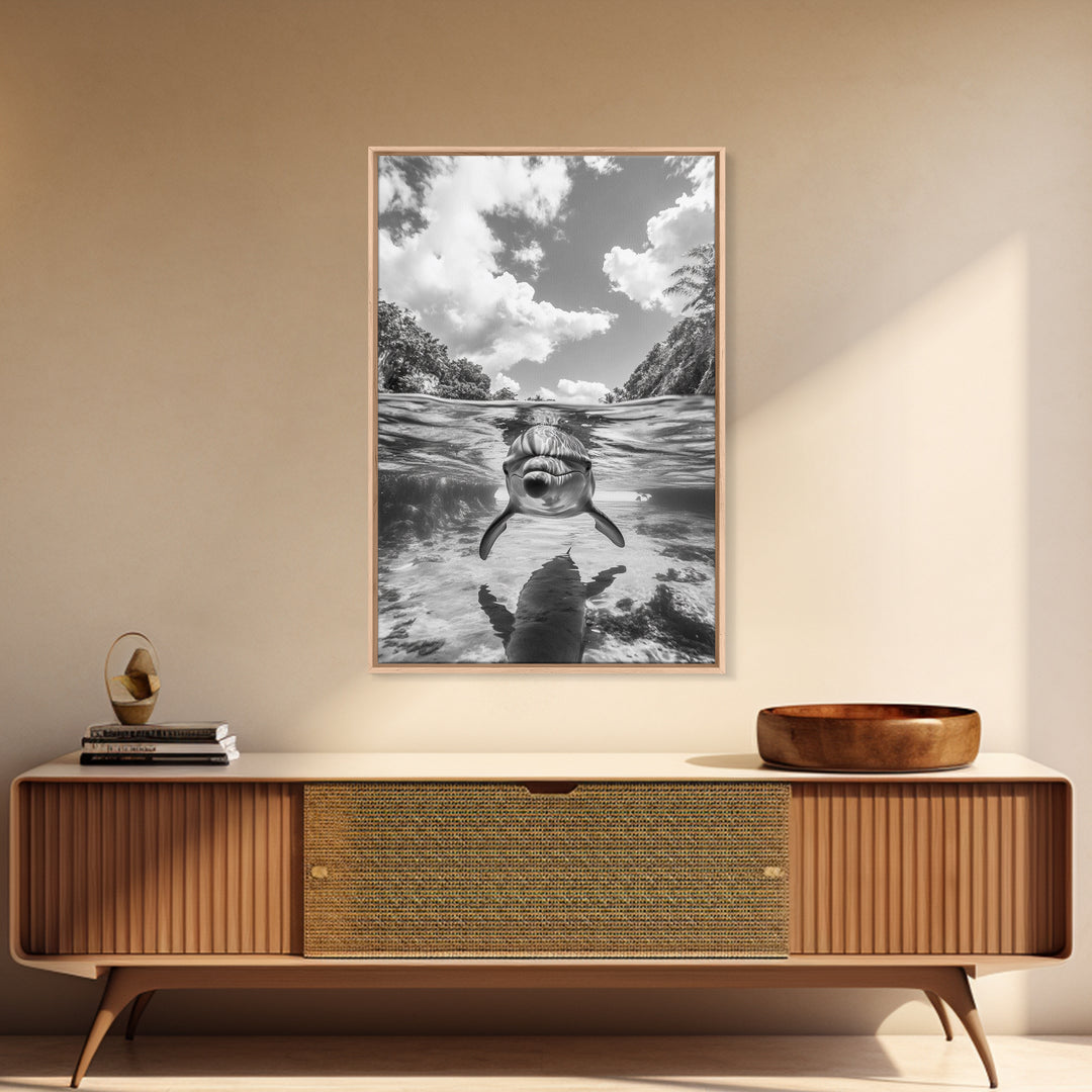 Dolphin Play, Ocean Joy, Underwater View, Canvas Print, Nautical Wall Art, Coastal Bathroom Decor, Playful Beach House Style