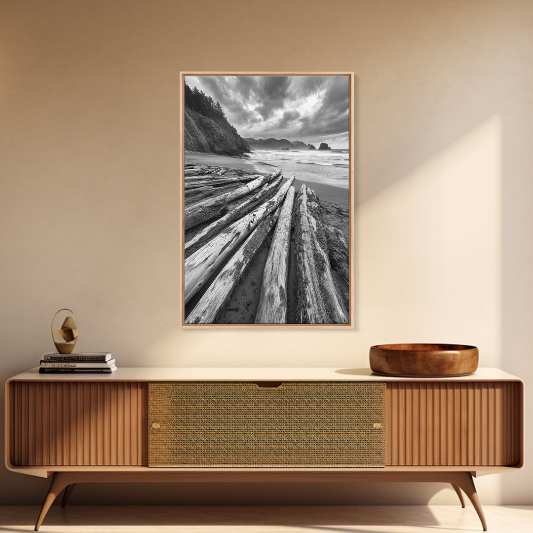 Driftwood Beach, Coastal Logs, Wild Shore, Canvas Print, Rustic Ocean Wall Art, Cabin Bathroom Decor, Nature Inspired Photography