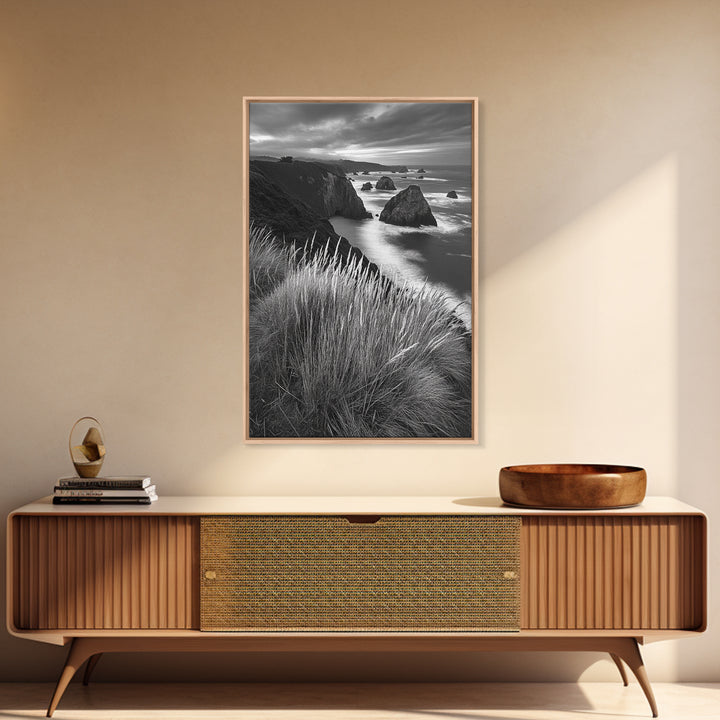 Coastal Cliffs, Ocean Rocks, Tall Grass, Canvas Print, Windswept Landscape Art, Beach House Wall Decor, Monochrome Nature Scene