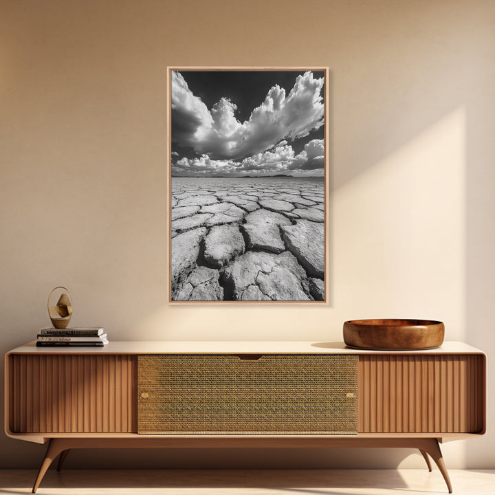 Cracked Earth, Storm Sky, Desert View, Framed Canvas Print, Dramatic Landscape Art, Modern Living Room Decor, Moody Minimalist Wall Art