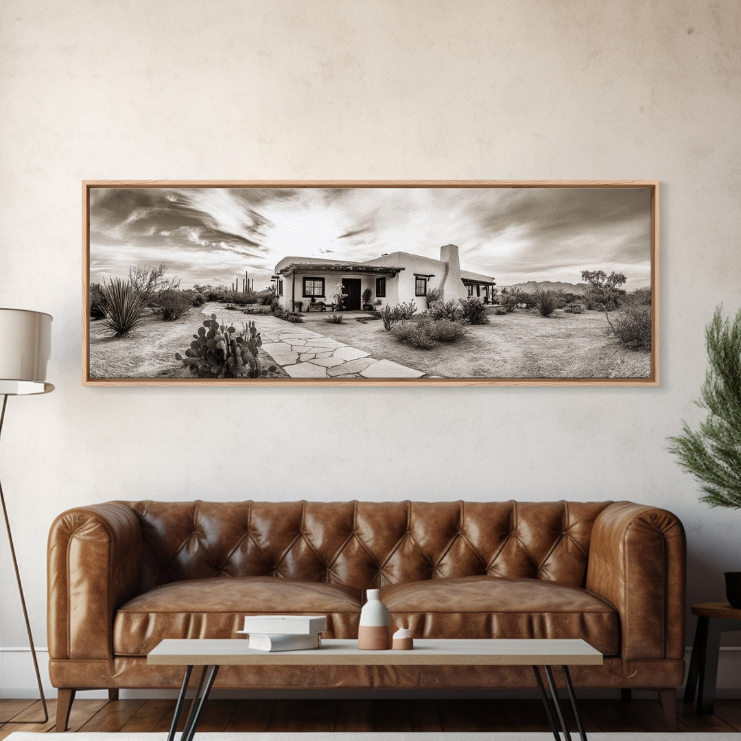 Desert Home, Adobe House, Rustic Pathway, Cactus Garden, Framed Canvas Print, Southwestern Decor, Living Room Wall Art, Western Aesthetic