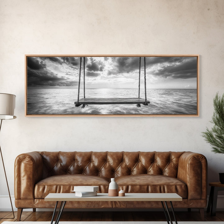 Ocean Swing View, Serene Seascape Art, Minimalist Beach Wall Decor, Framed Canvas Print, Bedroom Art, Calm Coastal Photography