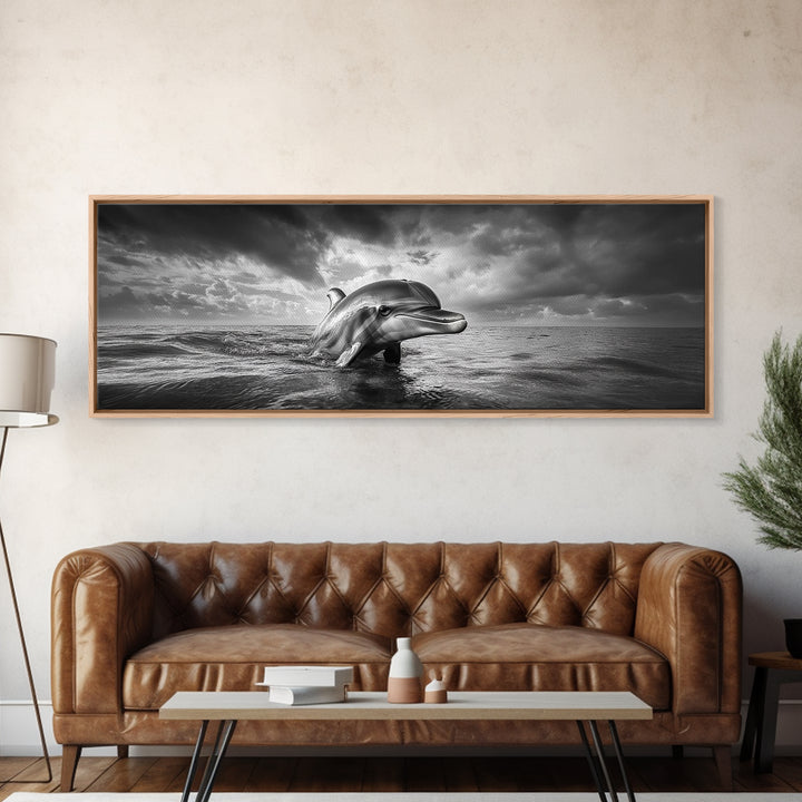 Dolphin Ocean Art, Playful Sea Animal Print, Modern Coastal Decor, Framed Canvas Print, Bathroom Wall Art, Nature Photography