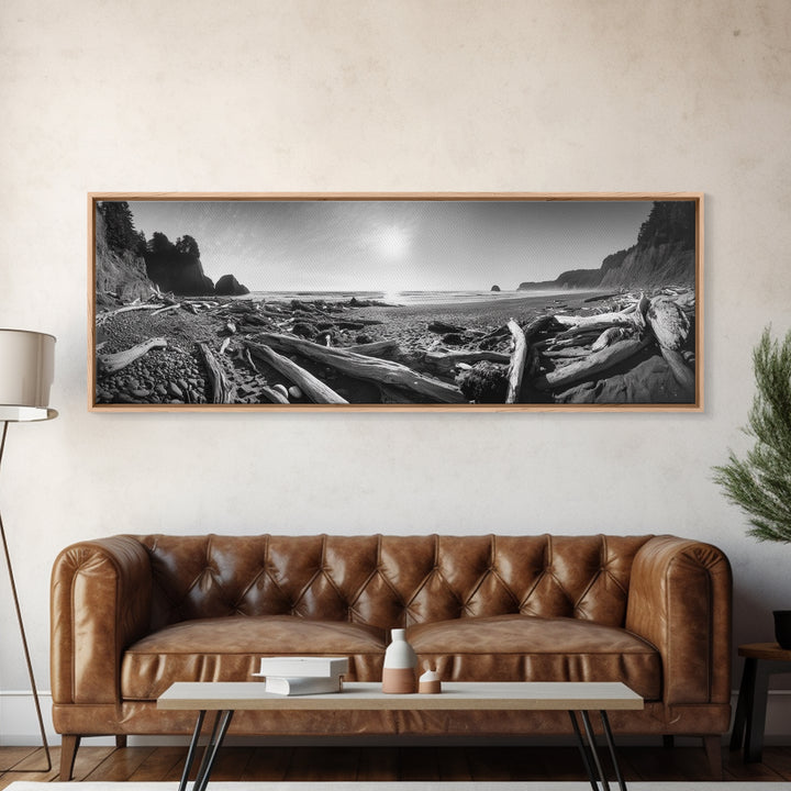 Coastal Driftwood Scene, Rugged Ocean Beach, Moody Nature Landscape, Framed Canvas Print, Rustic Wall Decor, Fall Coastal Photography