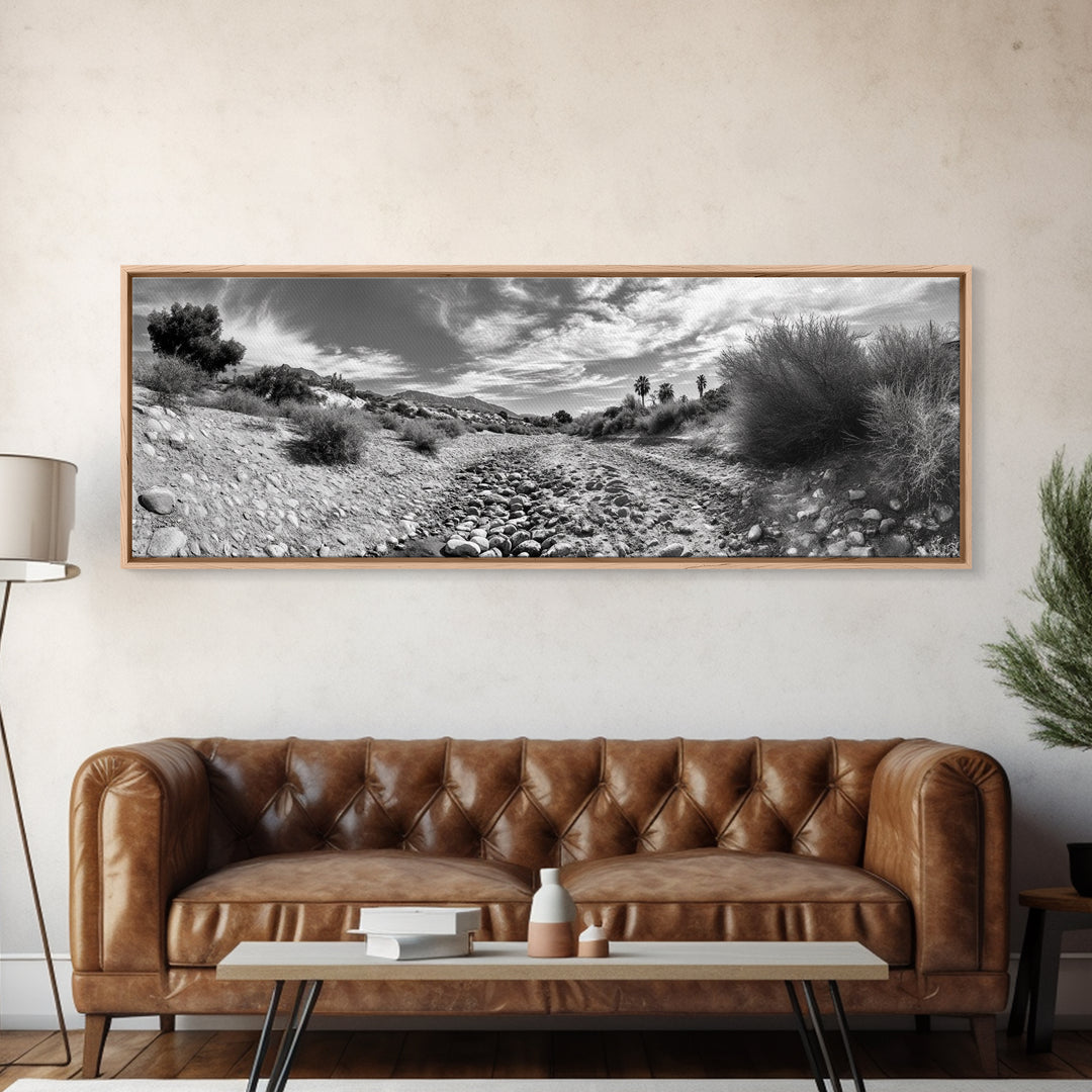 Desert Streambed Path, Dry River Landscape, Southwest Nature Print, Framed Canvas Print, Earthy Living Room Art, Modern Western Decor