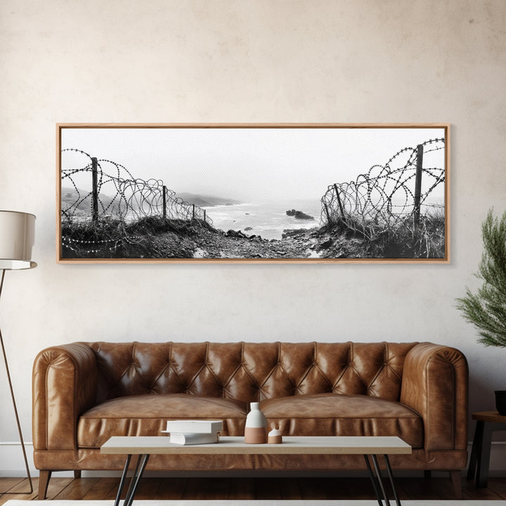 Barbed Coast, Foggy Beach, War Fence, Ocean Boundary, Framed Canvas Print, Industrial Wall Art, Living Room Decor, Black and White Art