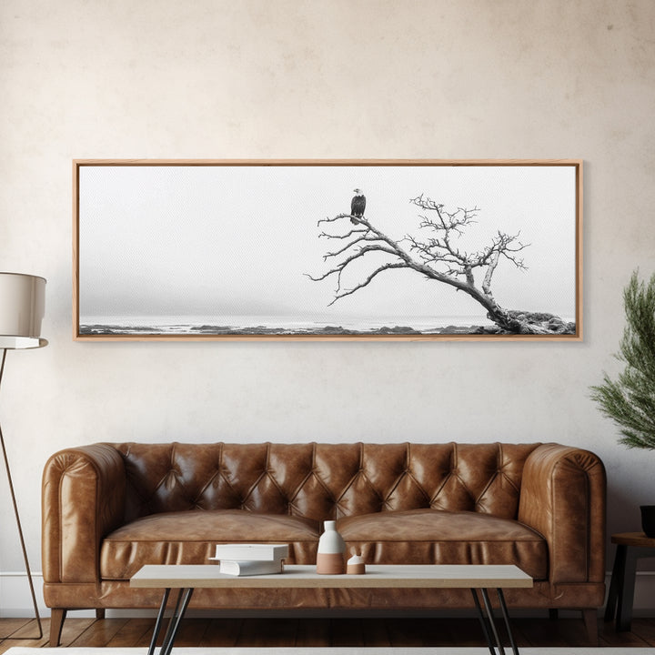 Bald Eagle, Tree Perch, Foggy Coast, Framed Canvas Print, Wildlife Photography, Cabin Wall Art, Rustic Minimalist Decor