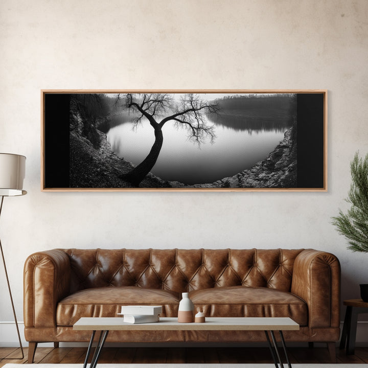 Curved Tree, Still Lake, Moody Landscape, Framed Canvas Print, Modern Nature Photography, Fall Home Decor, Living Room Art