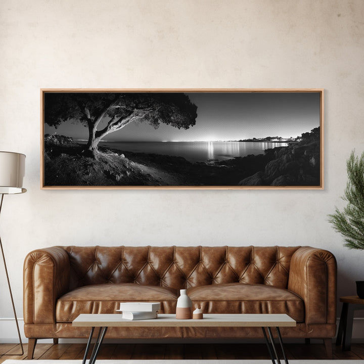 Coastal Night, Tree Silhouette, City Horizon, Framed Canvas Print, Moody Landscape Art, Modern Living Room Wall Decor
