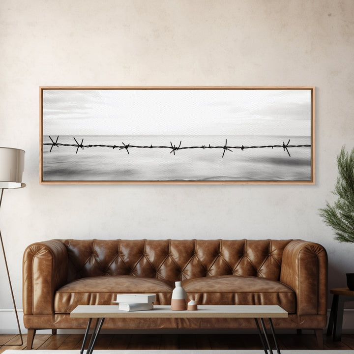 Barbed Wire, Ocean Horizon, Minimal Seascape, Stark Contrast, Framed Canvas Print, Modern Office Art, Minimalist Style, Black and White Art