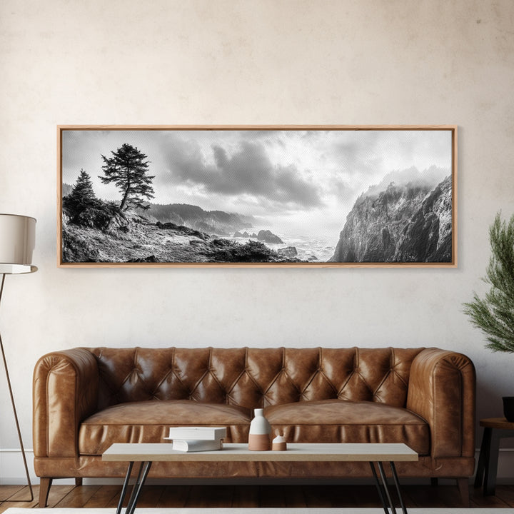 Ocean Cliff, Pine Trees, Foggy Coast, Canvas Print, Dramatic Nature Wall Art, Rustic Cabin Decor, Black and White Landscape