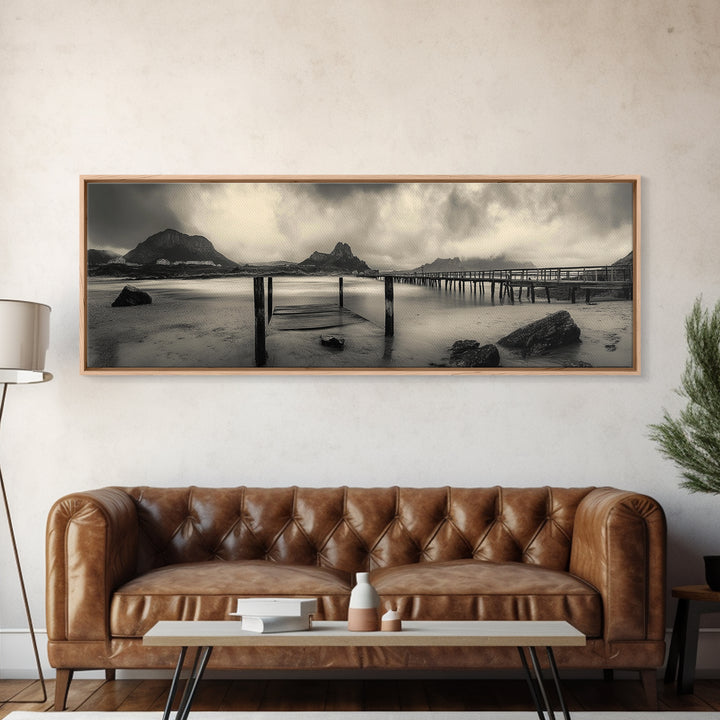 Dockside Calm, Stormy Shore, Ocean Jetty, Framed Canvas Print, Moody Coastal Wall Art, Living Room Art, Rustic Lakehouse Decor
