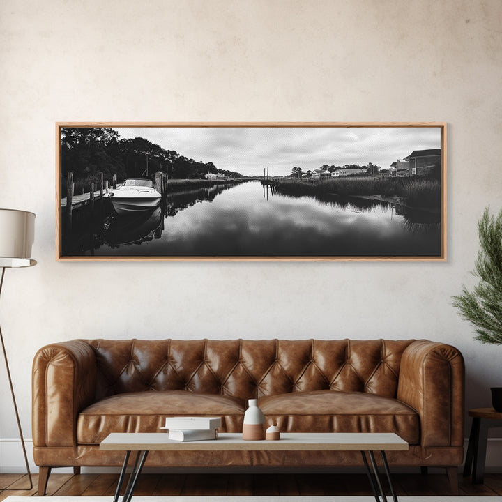 Boat Dock, Quiet Bay, Marina Reflections, Framed Canvas Print, Nautical Wall Art, Lakehouse Decor, Minimalist Coastal Vibes, Black White Art