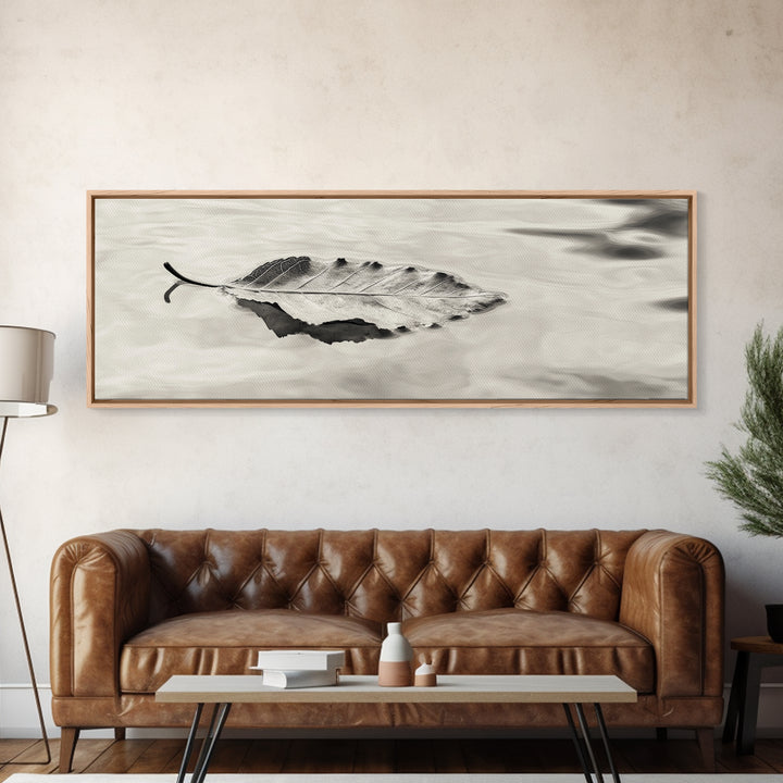 Autumn Leaf, Water Reflection, Nature Minimalism, Floating Stillness, Framed Canvas Print, Fall Wall Art, Neutral Tones, Bathroom Decor