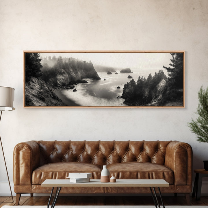 Ocean Rocks, Foggy Horizon, Coastal Cliffs, Dreamy Seascape, Canvas Print, Moody Nature Art, Living Room Wall Art, Coastal Minimalism