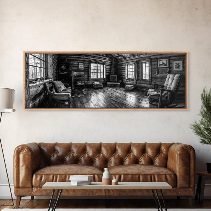 Rustic Cabin, Cozy Interior, Nature Retreat, Framed Canvas Print, Living Room Wall Art, Black and White Photography, Lodge Decor
