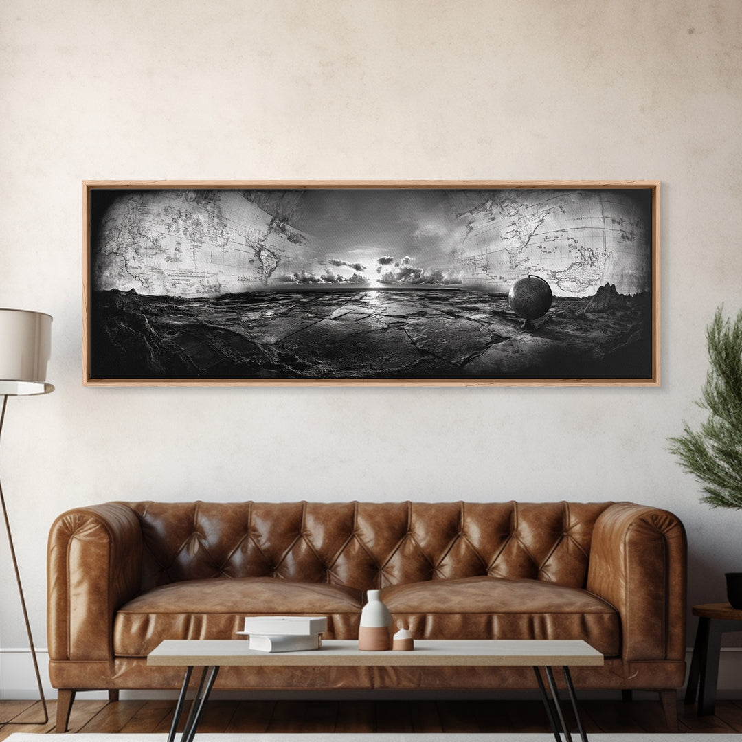 World Map, Globe Horizon, Explorer’s Dream, Canvas Print, Travel Wall Art, Surreal Photography, Study Room Adventure Decor