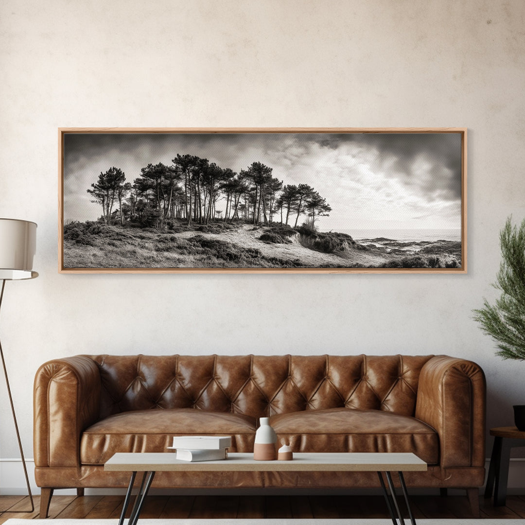 Coastal Pines, Ocean View, Windswept Trees, Framed Canvas Print, Minimalist Landscape Art, Neutral Tones, Entryway Wall Decor