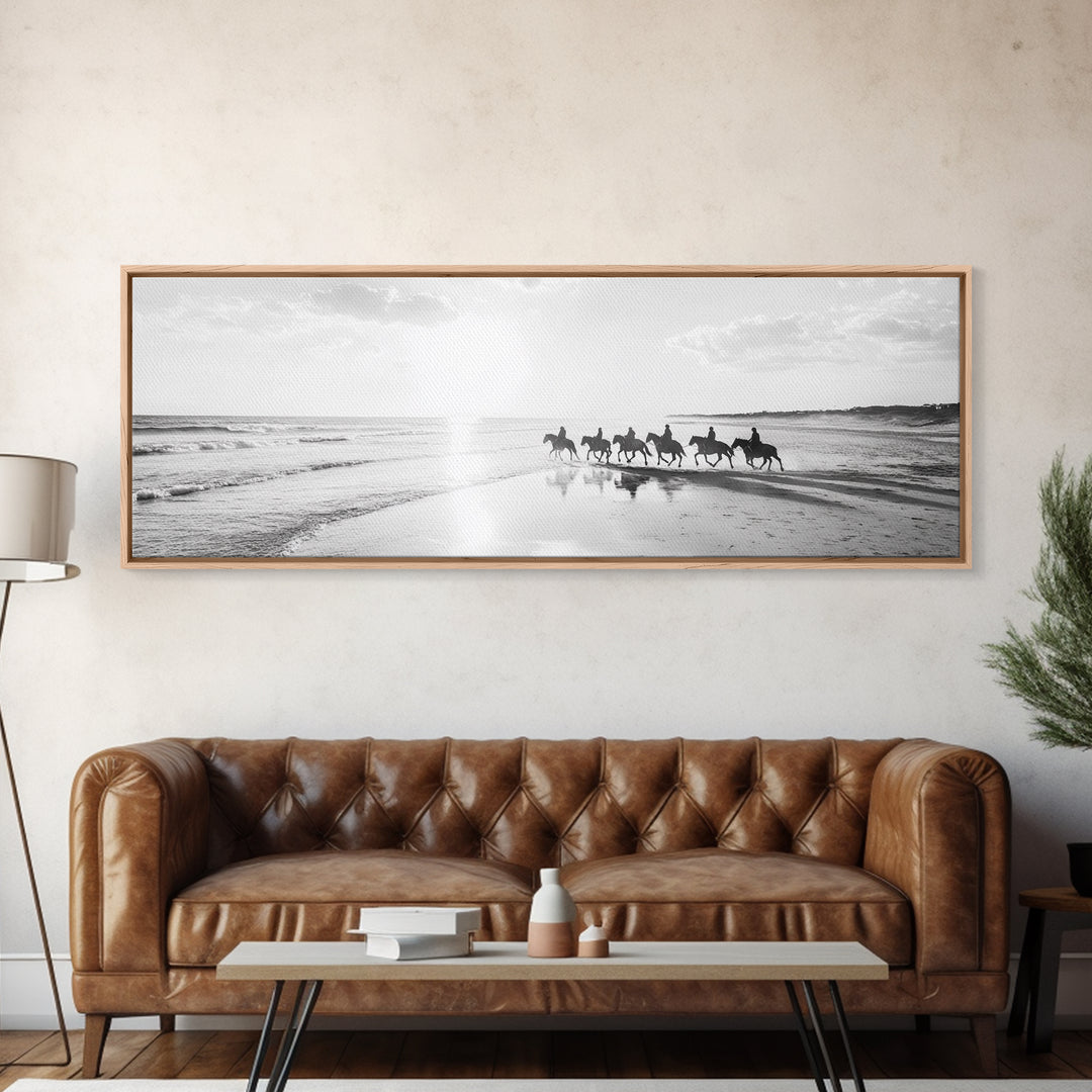 Beach Riders, Horseback Freedom, Seaside Journey, Canvas Print, Monochrome Wall Art, Coastal Living Room Decor, Nature Photography